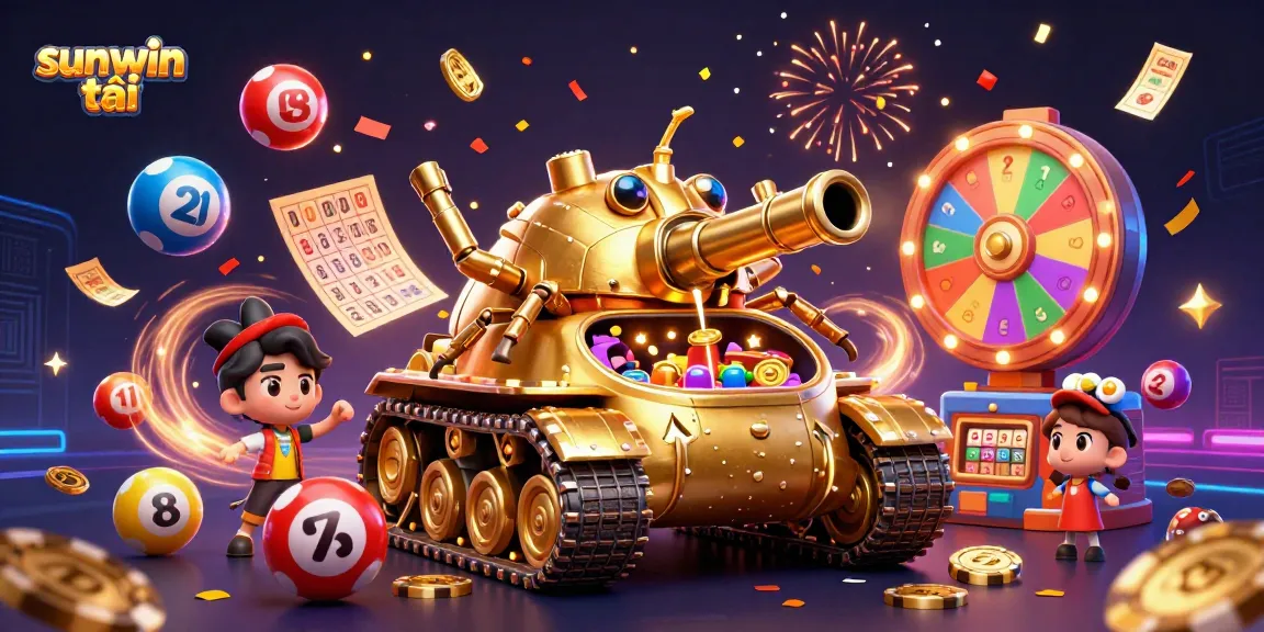 Experience dynamic fun with sunwin tải, featuring lottery balls and a mini casino inside a golden tank.