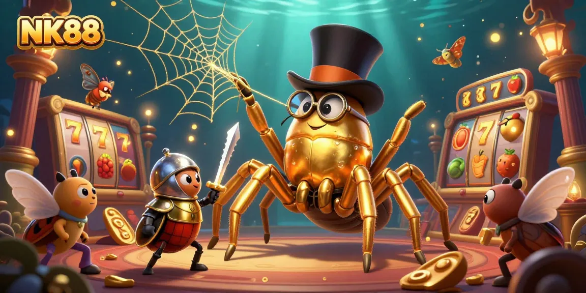 Experience thrilling slots with NK88; a giant golden tarantula and brave beetle knight in a rich casino scene.