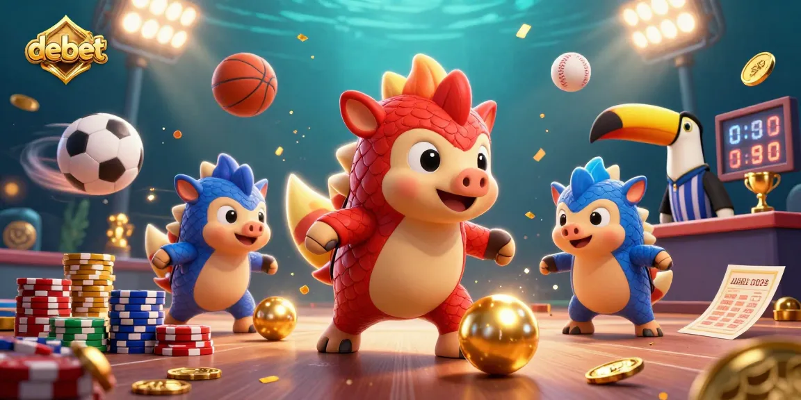 Engage with debet's thrilling casino scene featuring pangolins, sports balls, and vibrant betting excitement.