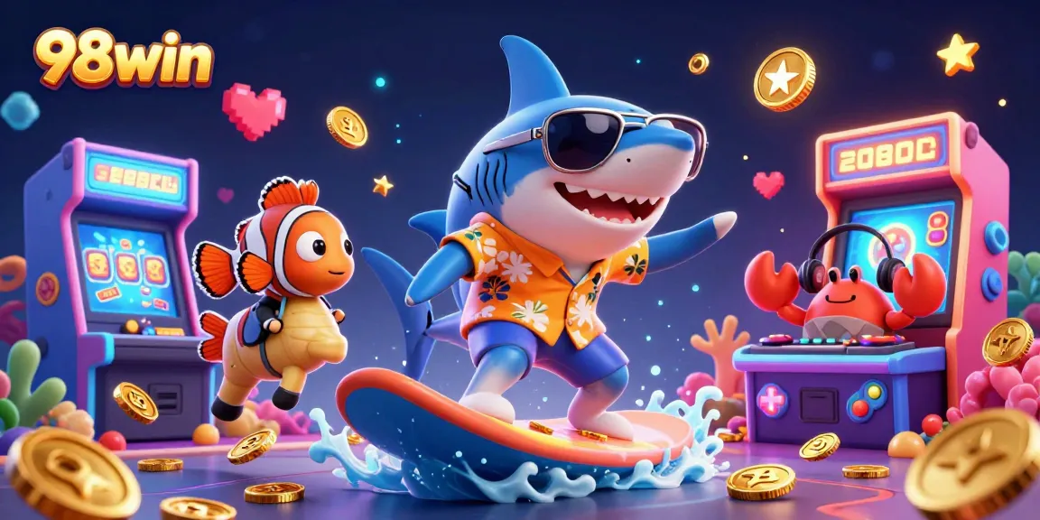Experience 98win with dynamic gold coin waves and animated characters in a lively casino scene.