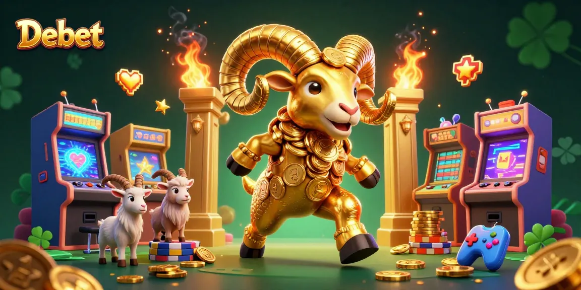 Engage with Debet's thrilling gambling adventure, featuring a majestic charging ram amidst dynamic casino elements.