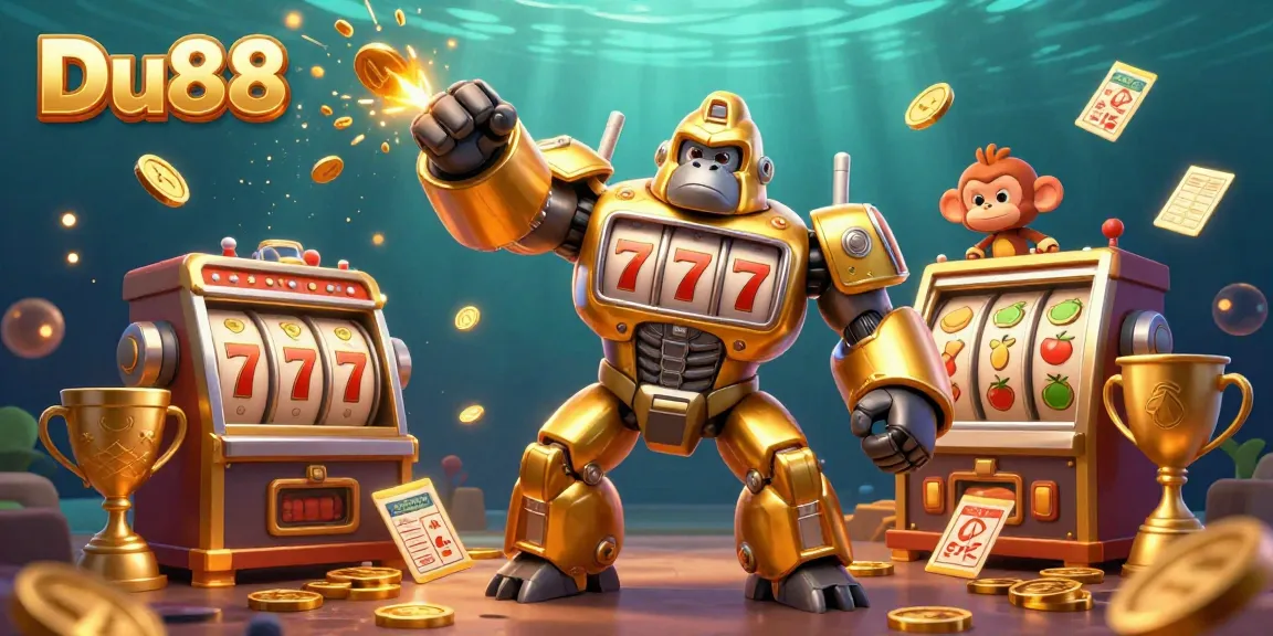 Engage with Du88's thrilling slot scenes featuring a golden gorilla mech and dynamic casino elements.