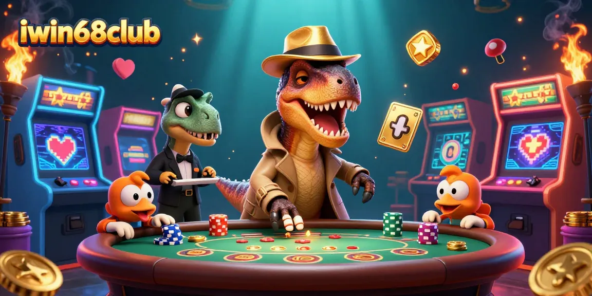 Experience iwin68club's thrilling adventure with a velociraptor card counter in a vibrant casino scene.