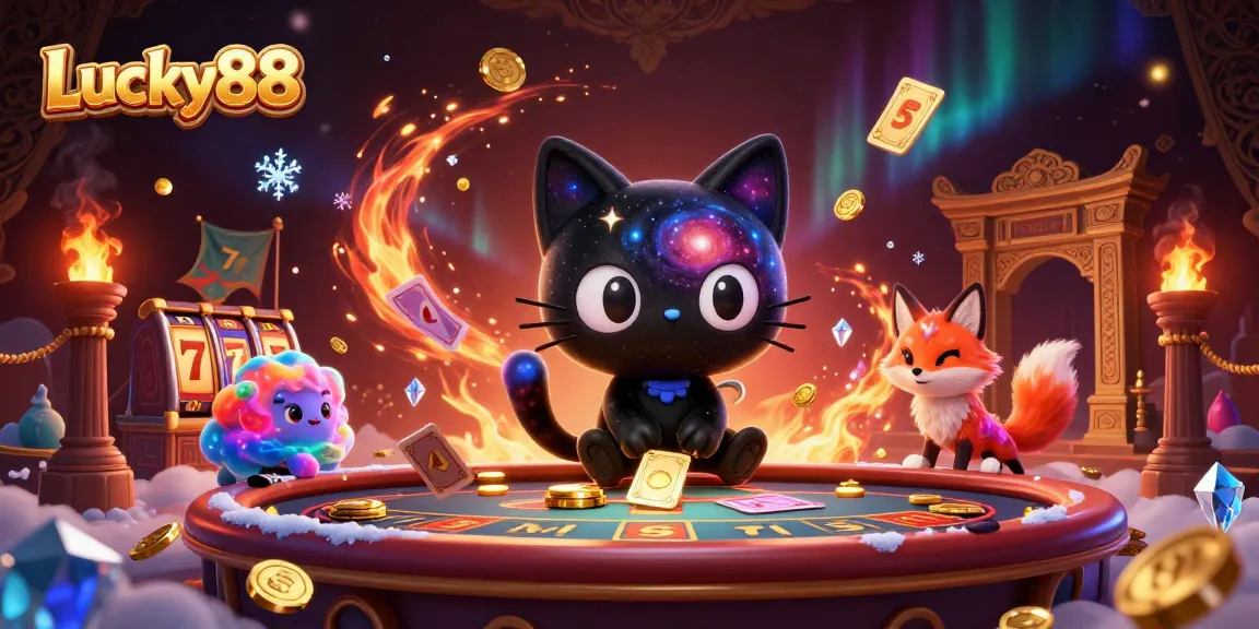 Experience Lucky88 slot thrills with vibrant cosmic characters amidst swirling casino elements.