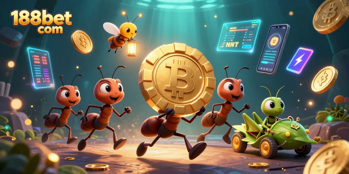 Join a team of ants heisting a golden poker chip in this vibrant 188bet com casino illustration.