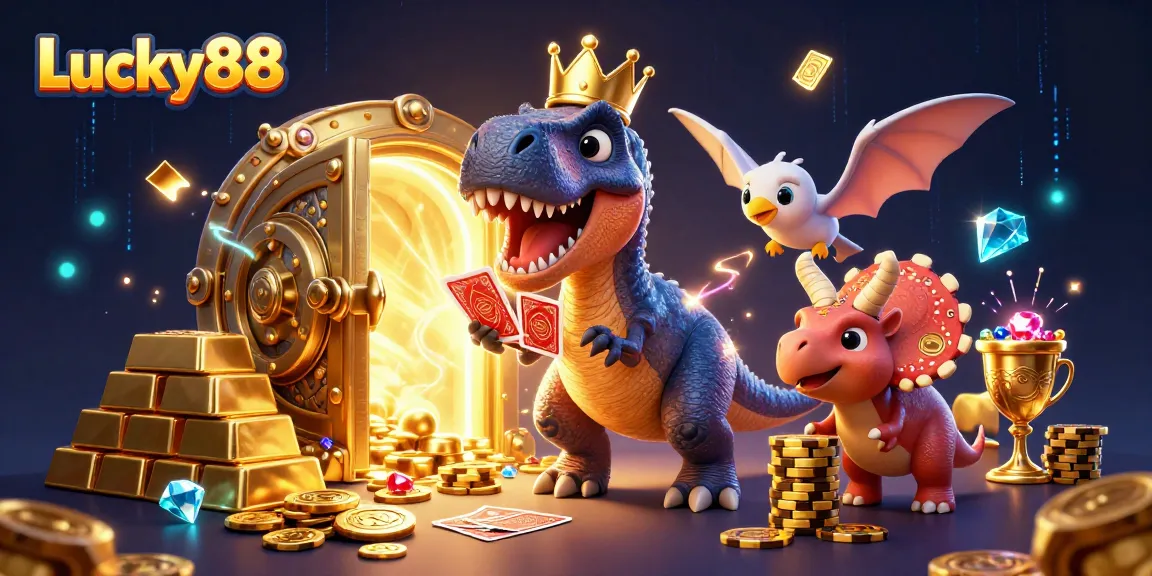 Engage with Lucky88's thrilling live casino adventures alongside vibrant 3D dinosaurs shuffling cards.