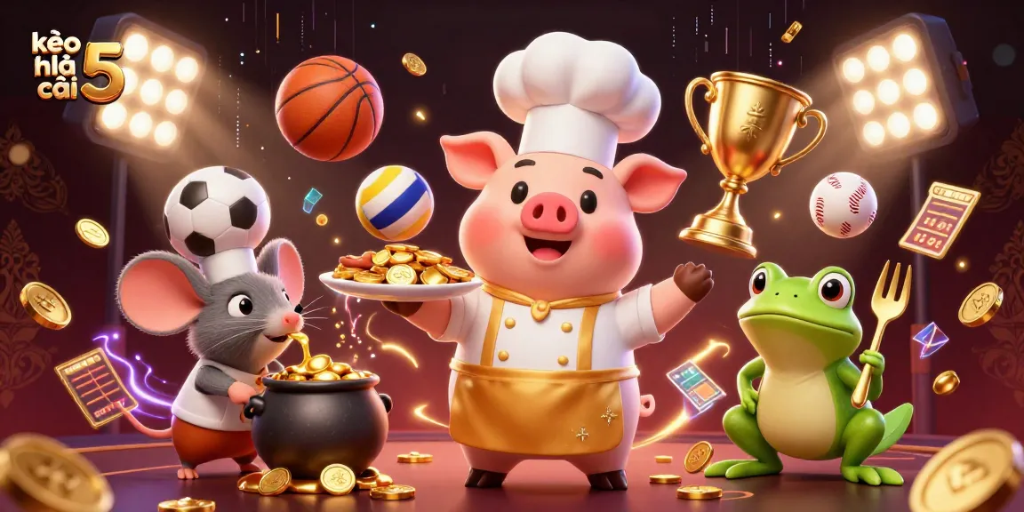 Bets on kèo nhà cái 5 with festive gold elements and sports balls creating a dynamic casino scene.
