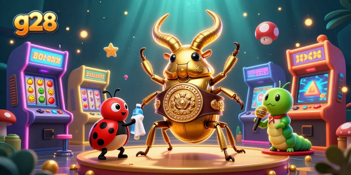 Engage with g28 casino excitement featuring a giant stag beetle boxing champion and vibrant gaming elements.