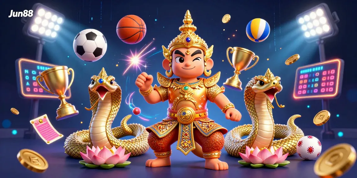 Engage in thrilling gameplay at Jun88 with vibrant guardian and sports symbols surrounding