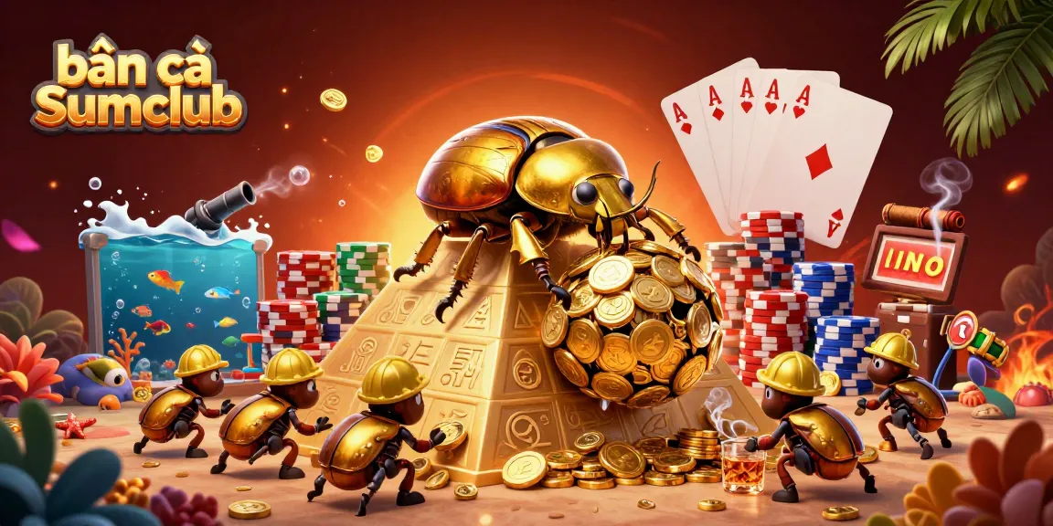 Bắn cá Sumclub scene showcasing a golden beetle with coin ball, vibrant underwater elements, and poker chips.