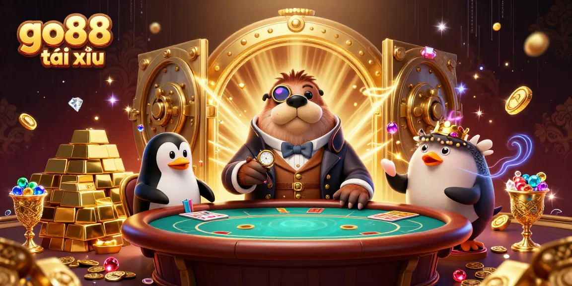 Experience the thrill of go88 tài xỉu at an underwater poker table with a jolly walrus, sophisticated dealer, and bluffing pufferfish.
