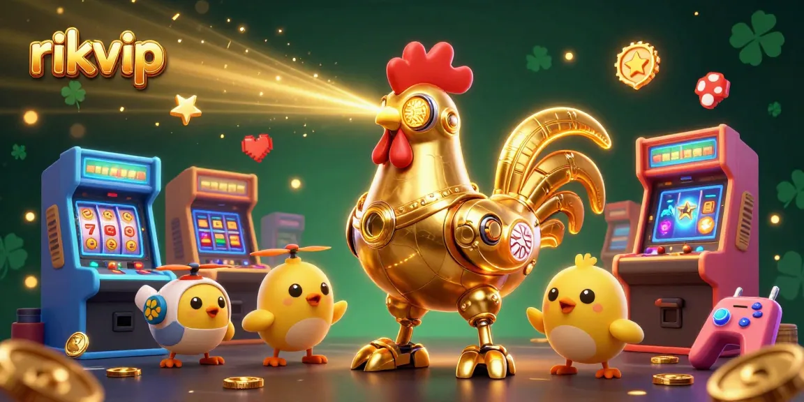 Experience exciting arcade gaming with rikvip's interactive scene featuring golden rooster and chick drones.