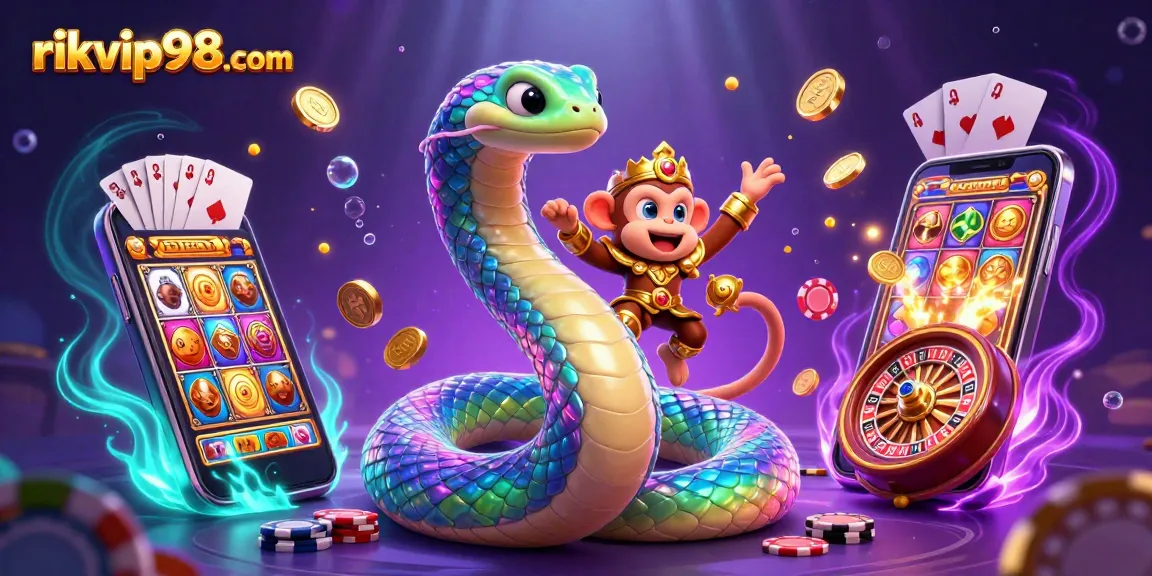 Spin to win at rikvip98 com with an enchanting 3D casino scene featuring a snake and monkey king.