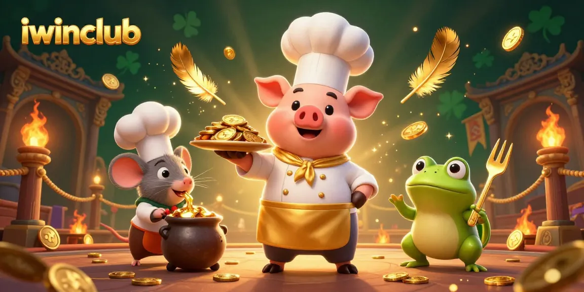 Iwinclub's cartoon chef pig serves gold coins in a vibrant casino atmosphere full of action.