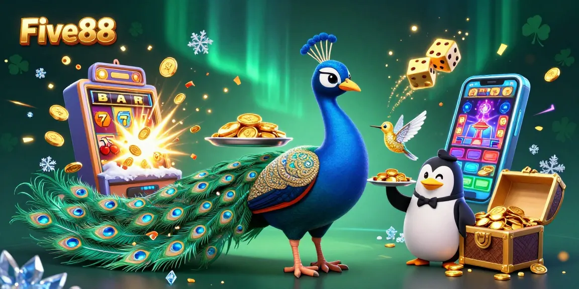 Experience thrilling gameplay at Five88 with a vibrant scene filled with slot machines, golden chips, and festive decorations.