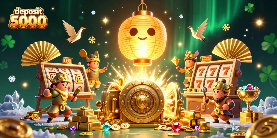 Engage with the vibrant scene highlighting deposit 5000 at a casino, featuring a golden lantern spirit and luxurious treasures.