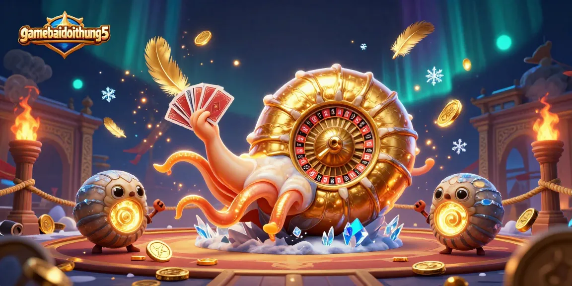 Engage with gamebaidoithuong5 in a vibrant 3D fantasy casino scene featuring an ancient nautilus hosting a roulette.