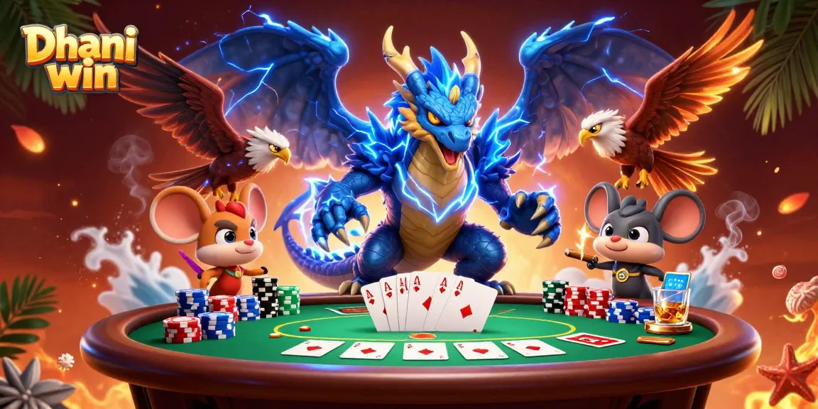 Dhani win showcases a vibrant 3D dragon and hawk at a poker table, engaging players in thrilling gaming.