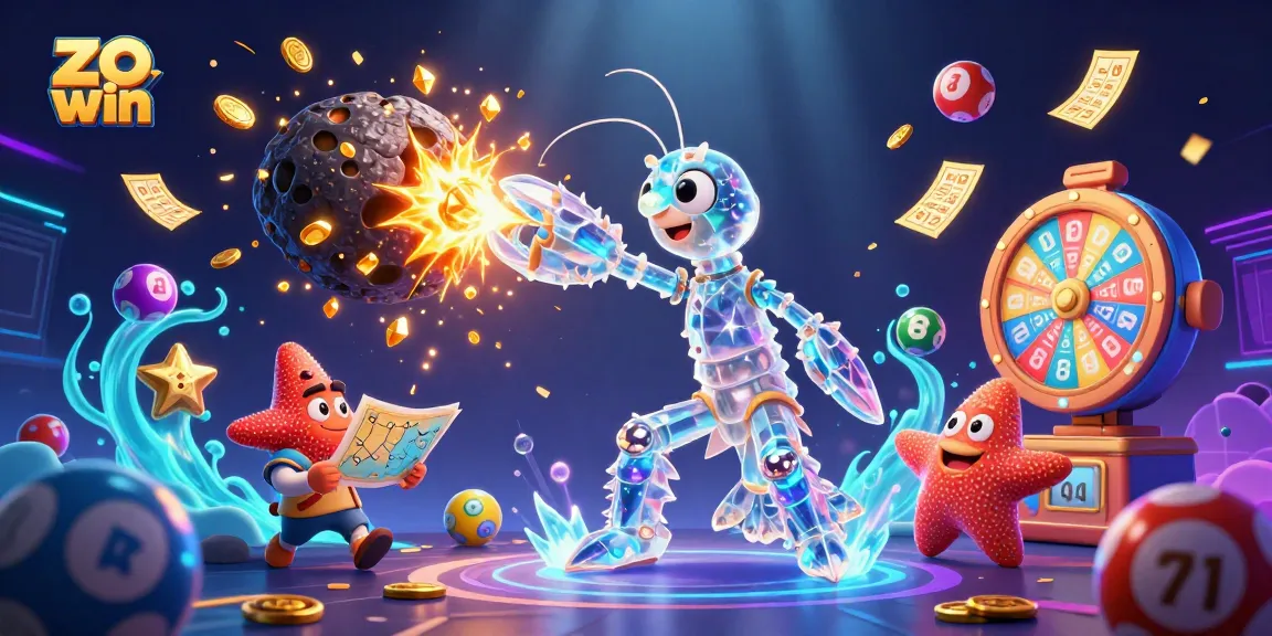 Engage with zo win in a vibrant online casino adventure featuring a galactic samurai shrimp and colorful lottery elements.