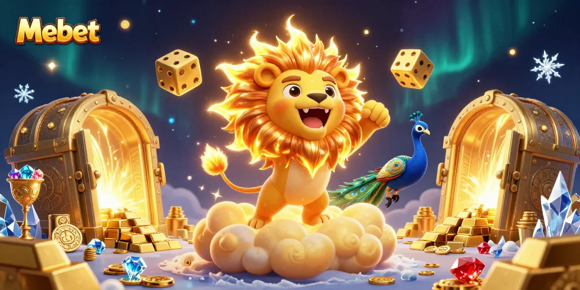 Mebet showcases lively casino excitement with a roaring sun lion and sparkling treasures in dynamic 3D.