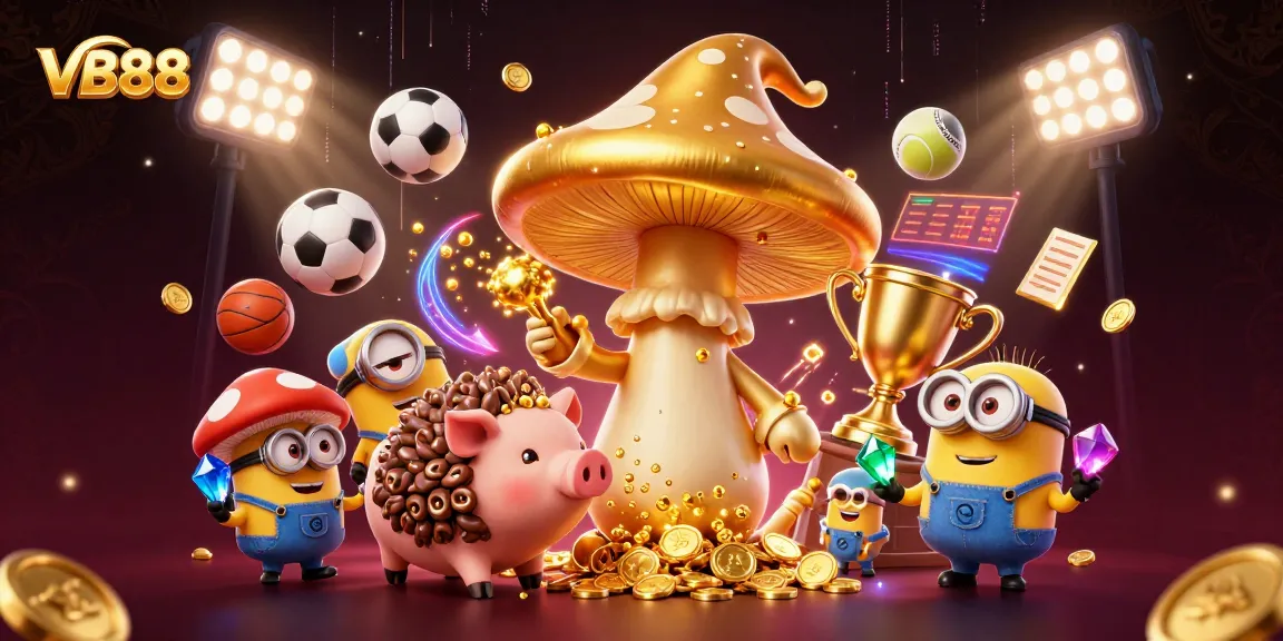 VB88 showcases a magical scene with a golden mushroom wizard and truffle pig amidst sports action