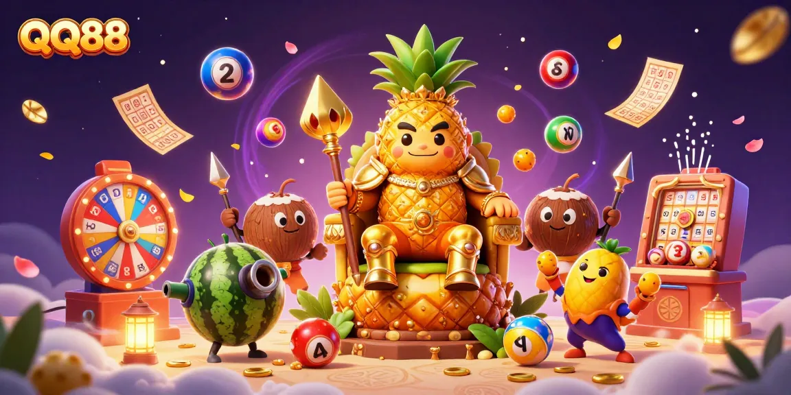 Experience thrilling gaming at QQ88 with a 3D illustration of vibrant characters and casino elements.