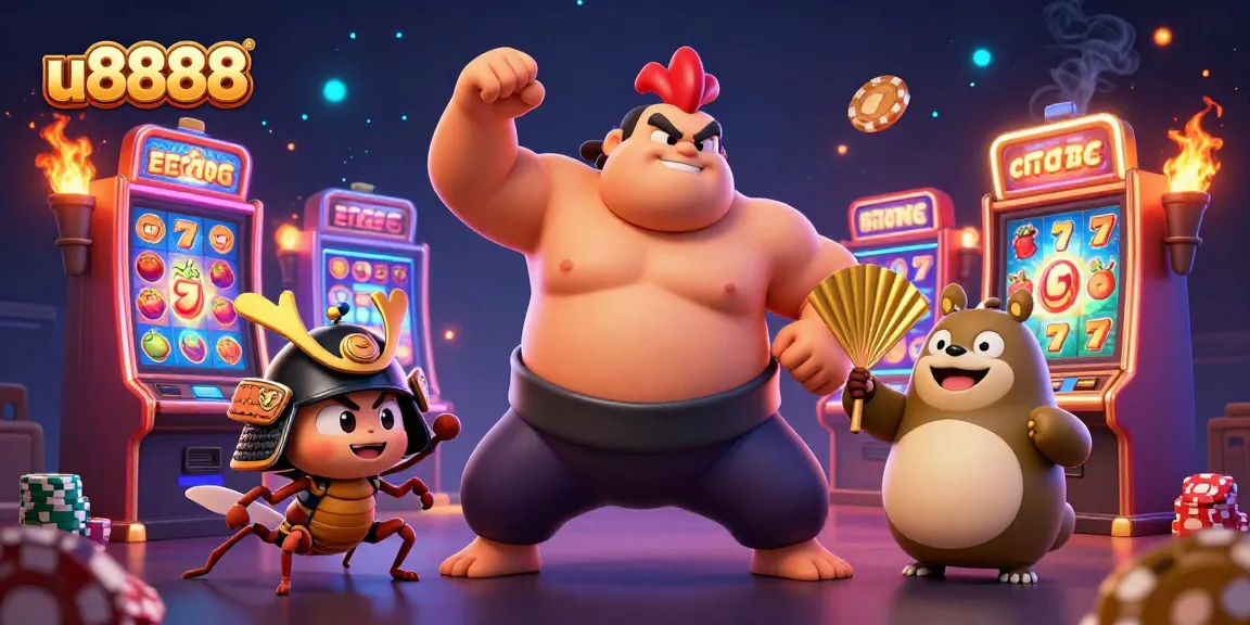 Experience thrilling casino action with u8888 in a vibrant, dynamic illustration filled with colorful slot machines.