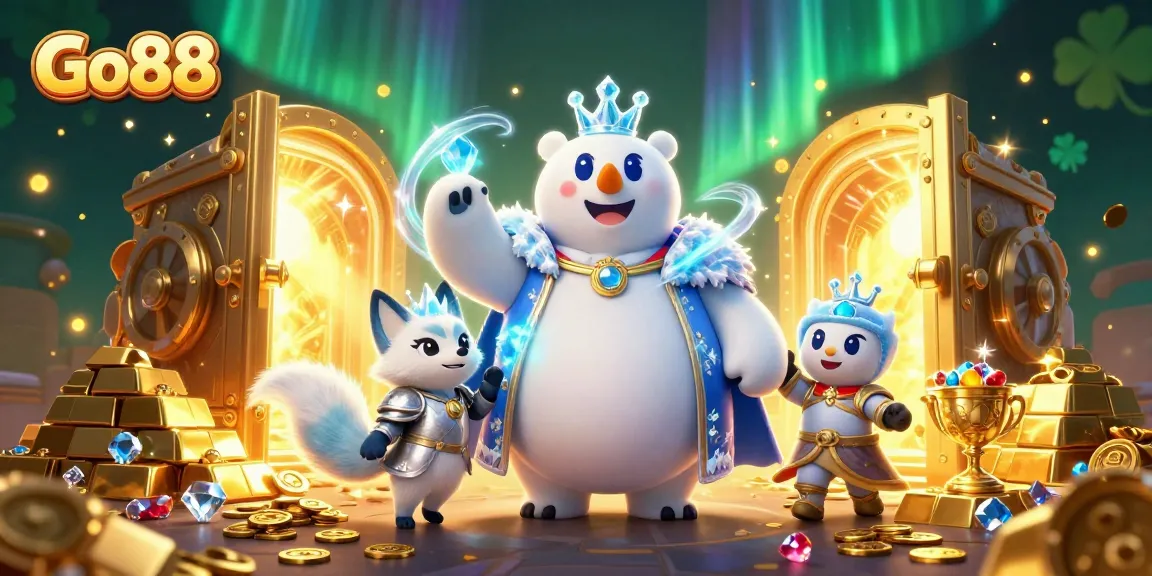 Experience the excitement of Go88 as the ice king and fox unveil treasure in a rich 3D casino scene.