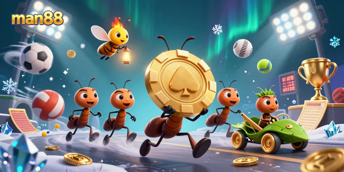 Experience the thrill of man88 with a team of ants in a poker heist amidst a vibrant casino scene.