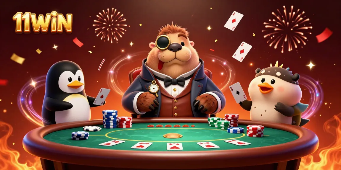 Join the fun at 11WIN with a jolly walrus and friends playing poker in this vibrant casino scene