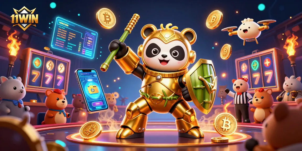 Engage in thrilling 11WIN casino action with our vibrant cartoon mech-suit panda in a dynamic arena.