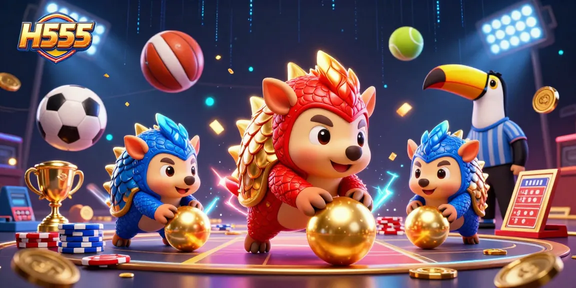 H555 pangolins in a vibrant gambling scene rolling poker chips and sporting dynamic sports balls.