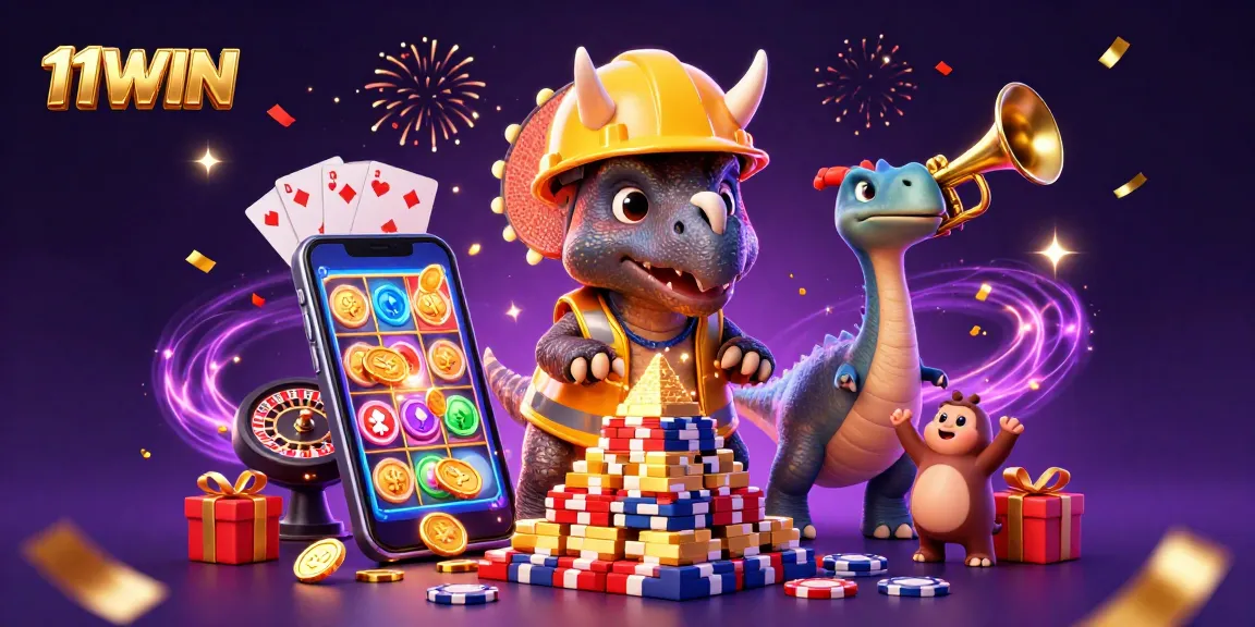 Join 11WIN action as a triceratops builds poker chip tower amidst colorful gaming celebration.