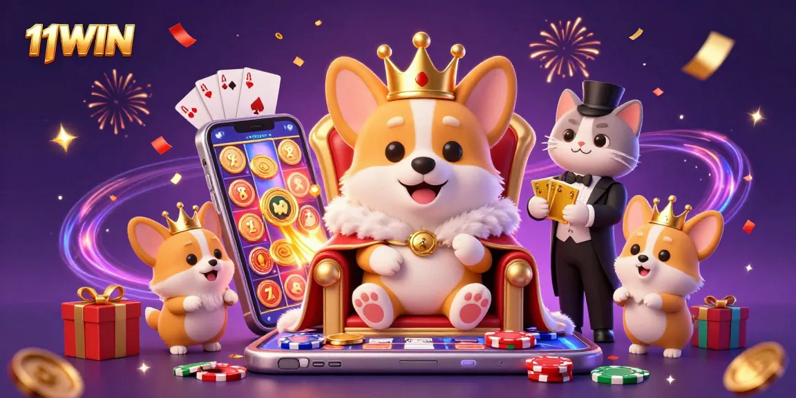 Experience thrilling wins with 11WIN's royal corgi and cat butler in a vibrant casino scene.