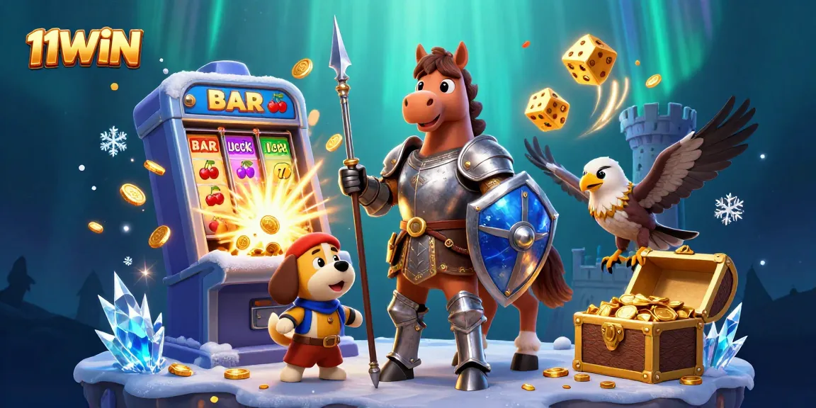 Spin the 11WIN jackpot with an exciting 3D illustration of casino-themed characters and elements.