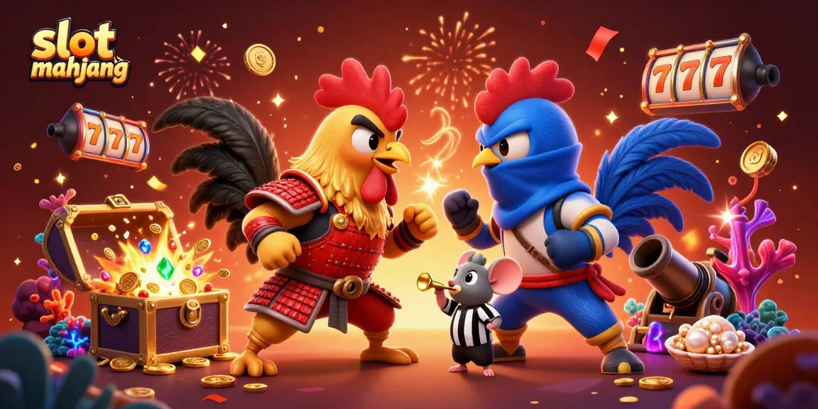 Play slot gacor mahjong with dynamic roosters and treasure-filled scenes in this engaging illustration.