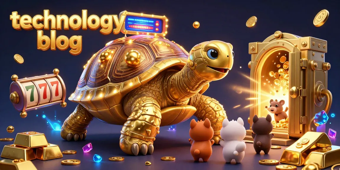 Experience excitement at the technology blog with a golden tortoise pinball machine surrounded by gems and slot reels.