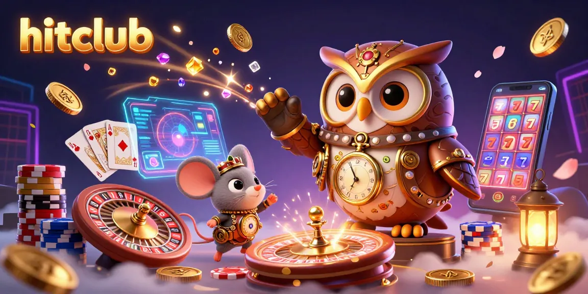 Experience hitclub's vibrant gaming scene with 3D characters, sparkling gems, and a roulette wheel.