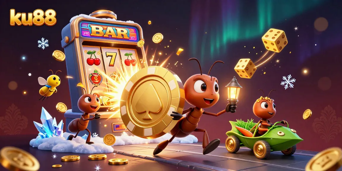 ku88 ants heist dynamic casino scene with giant poker chip in 3D illustration