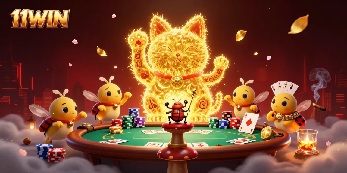 11WIN showcases an interactive scene with a lucky cat made of golden fireflies amidst vibrant casino elements.