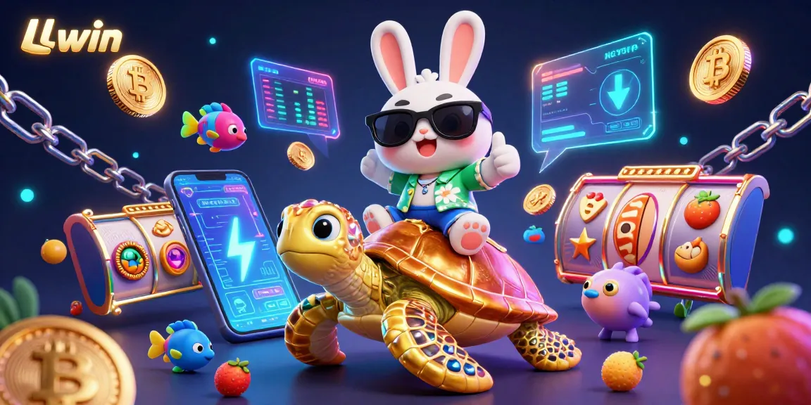 Join the excitement at LLwin with the lucky rabbit and golden turtle amidst dazzling slot games and crypto elements.
