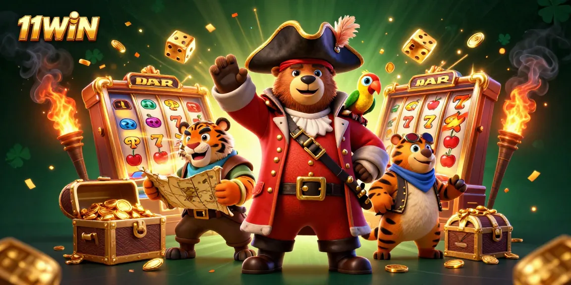 Engage in thrilling slot action with 11WIN's colorful jackpot scene featuring a pirate bear, tiger, and golden treasures.