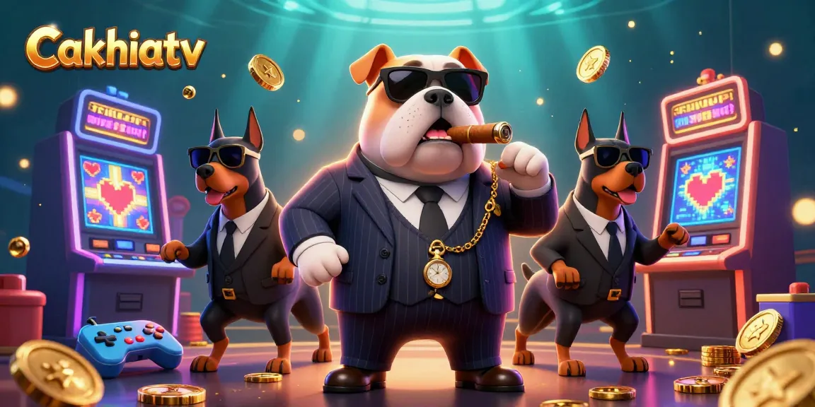 Cakhiatv showcases thrilling casino action featuring a mafia bulldog and Doberman bodyguards amidst colorful slot machines.
