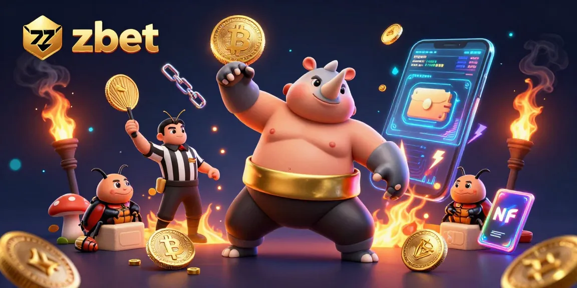Zbet showcases a 3D sumo beetle champion surrounded by crypto coins, perfect for mobile gaming.
