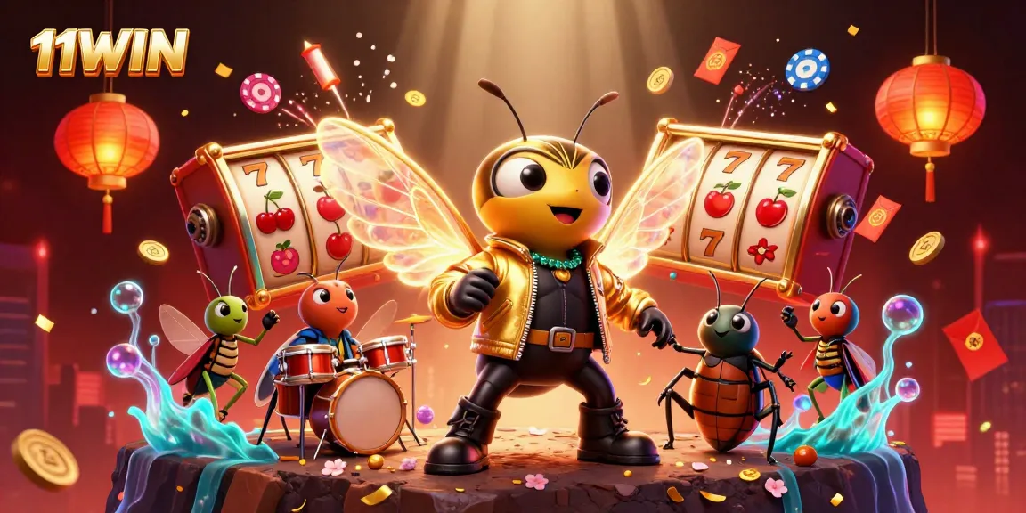 Experience excitement with 11WIN through a vibrant casino scene featuring cartoon characters and slot elements.
