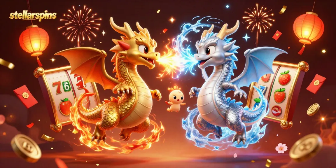 Engage with stellarspins as twin dragons battle in a vibrant casino atmosphere with slot elements.
