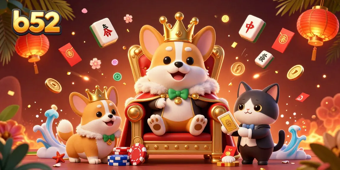Experience the exciting world of b52 with animated corgis on poker chips amidst dazzling casino elements.