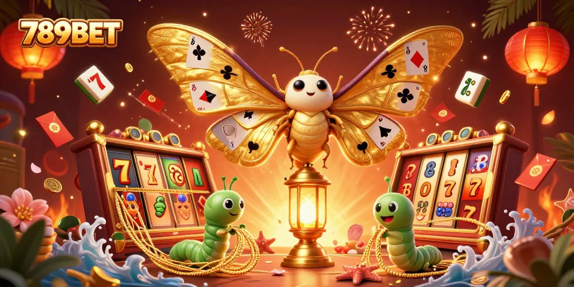 Engage with 789BET's vibrant casino world featuring a golden atlas moth and slot reels.