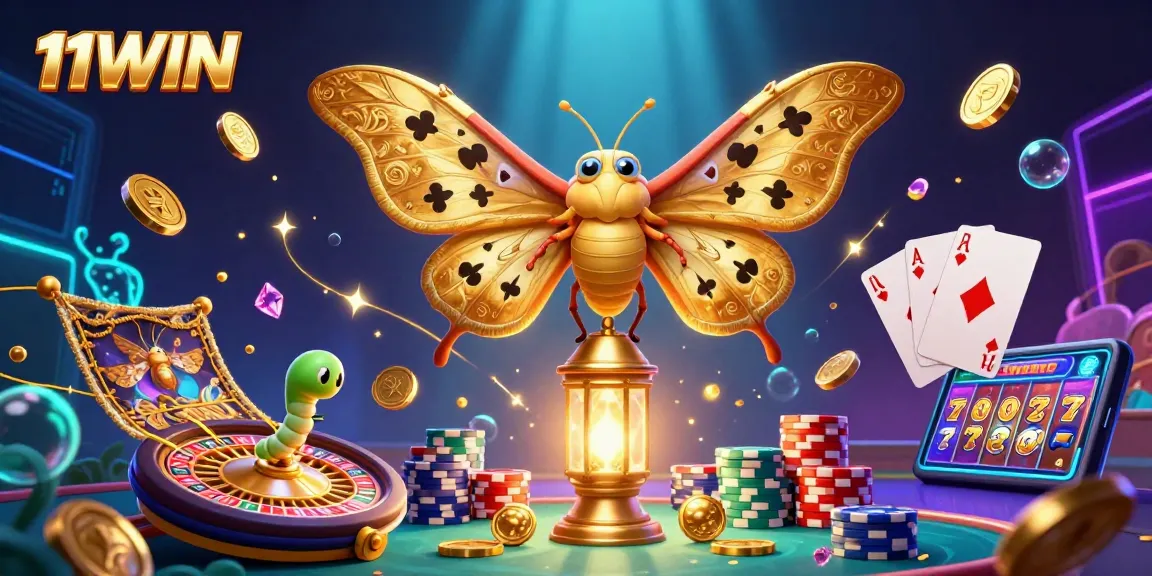 Play slots and win big with 11WIN's vibrant casino scene featuring animated moth and golden elements.