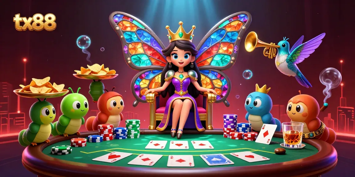 Engage with the vibrant tx88 casino universe, showcasing poker royalty and dynamic gaming elements.